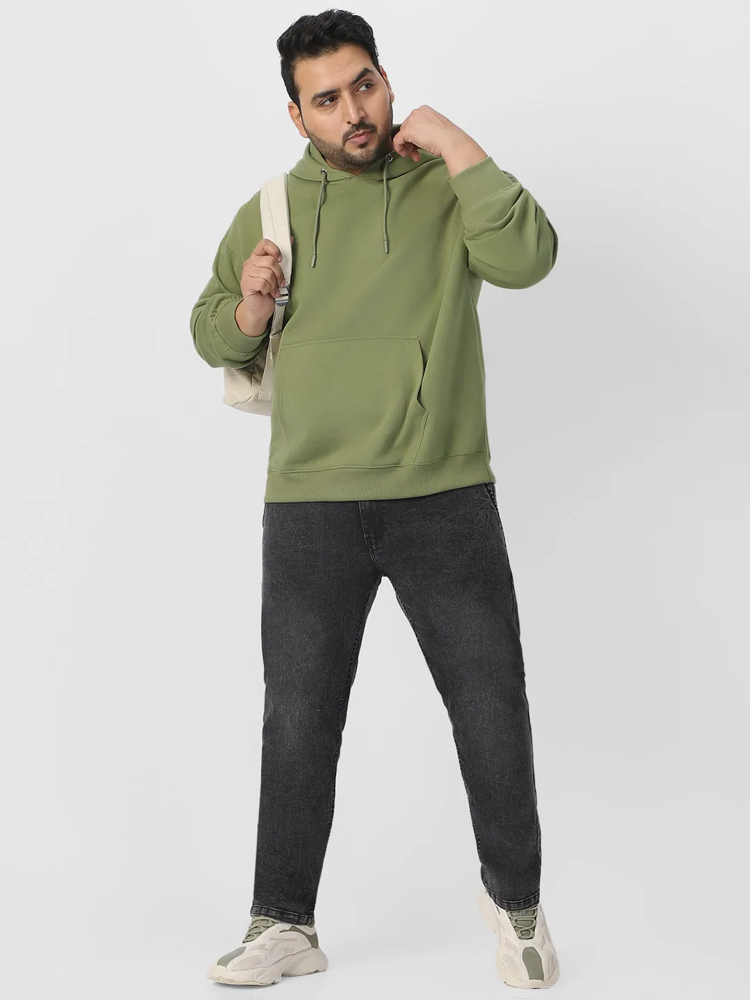 Plus Men's Potent Olive Cotton Solid Oversized Hooded Neck Sweatshirt