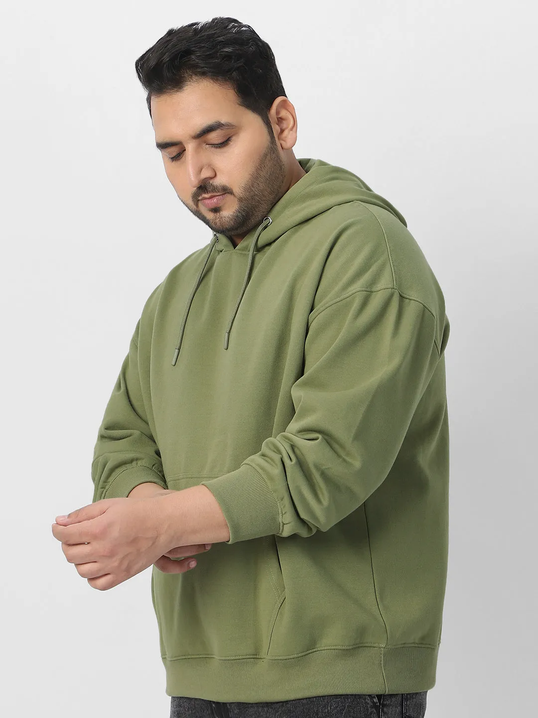Plus Men's Potent Olive Cotton Solid Oversized Hooded Neck Sweatshirt