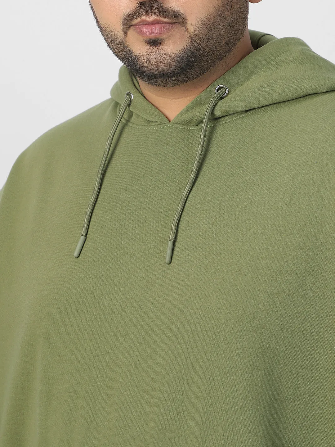 Plus Men's Potent Olive Cotton Solid Oversized Hooded Neck Sweatshirt
