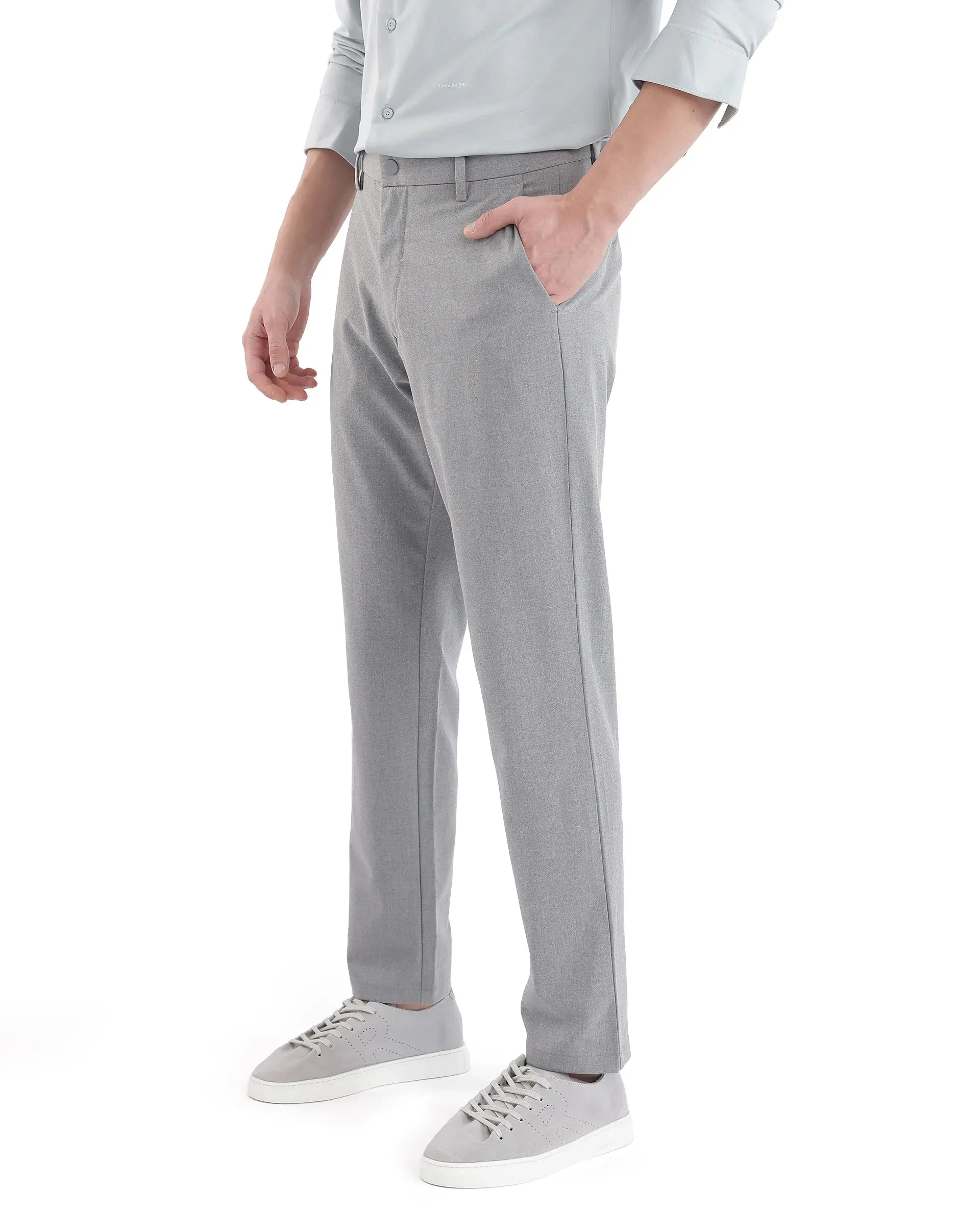 Rare Rabbit Men Travel-25 Grey Button And Zip Closure Plain Trouser