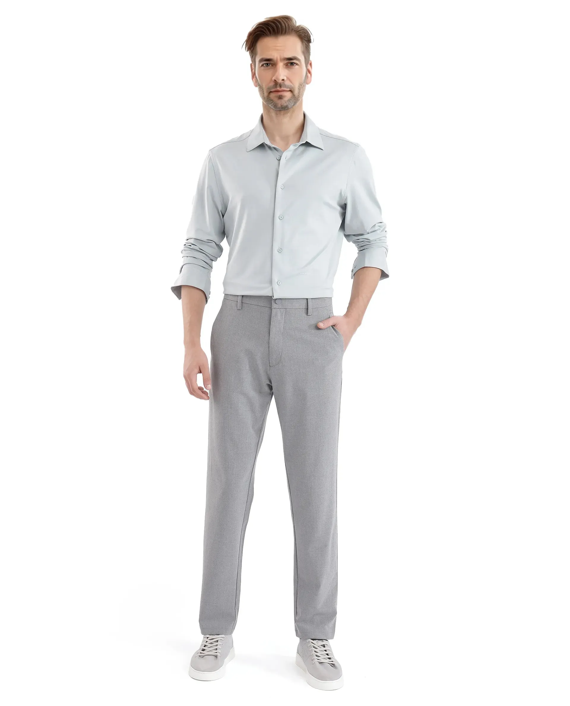 Rare Rabbit Men Travel-25 Grey Button And Zip Closure Plain Trouser