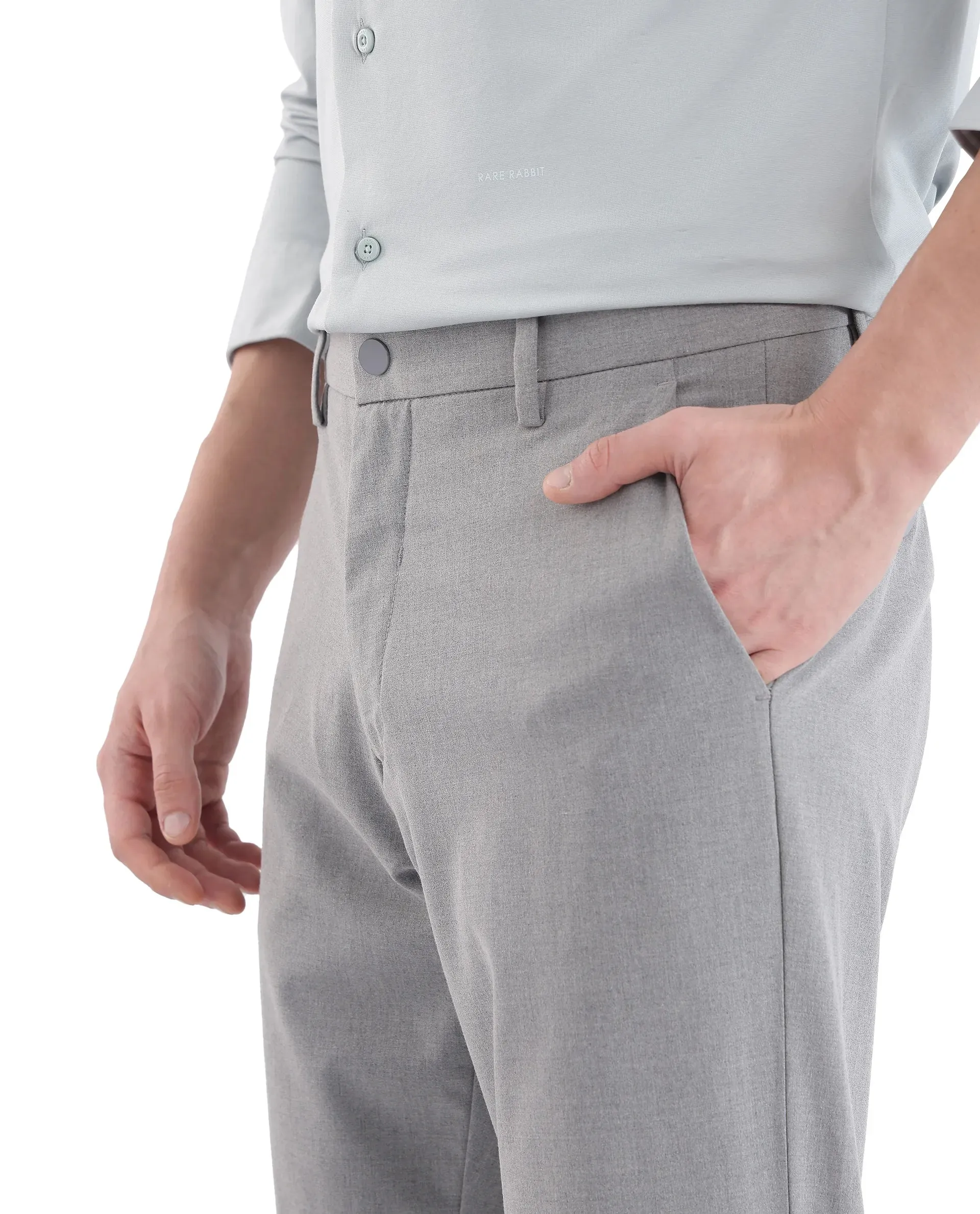Rare Rabbit Men Travel-25 Grey Button And Zip Closure Plain Trouser