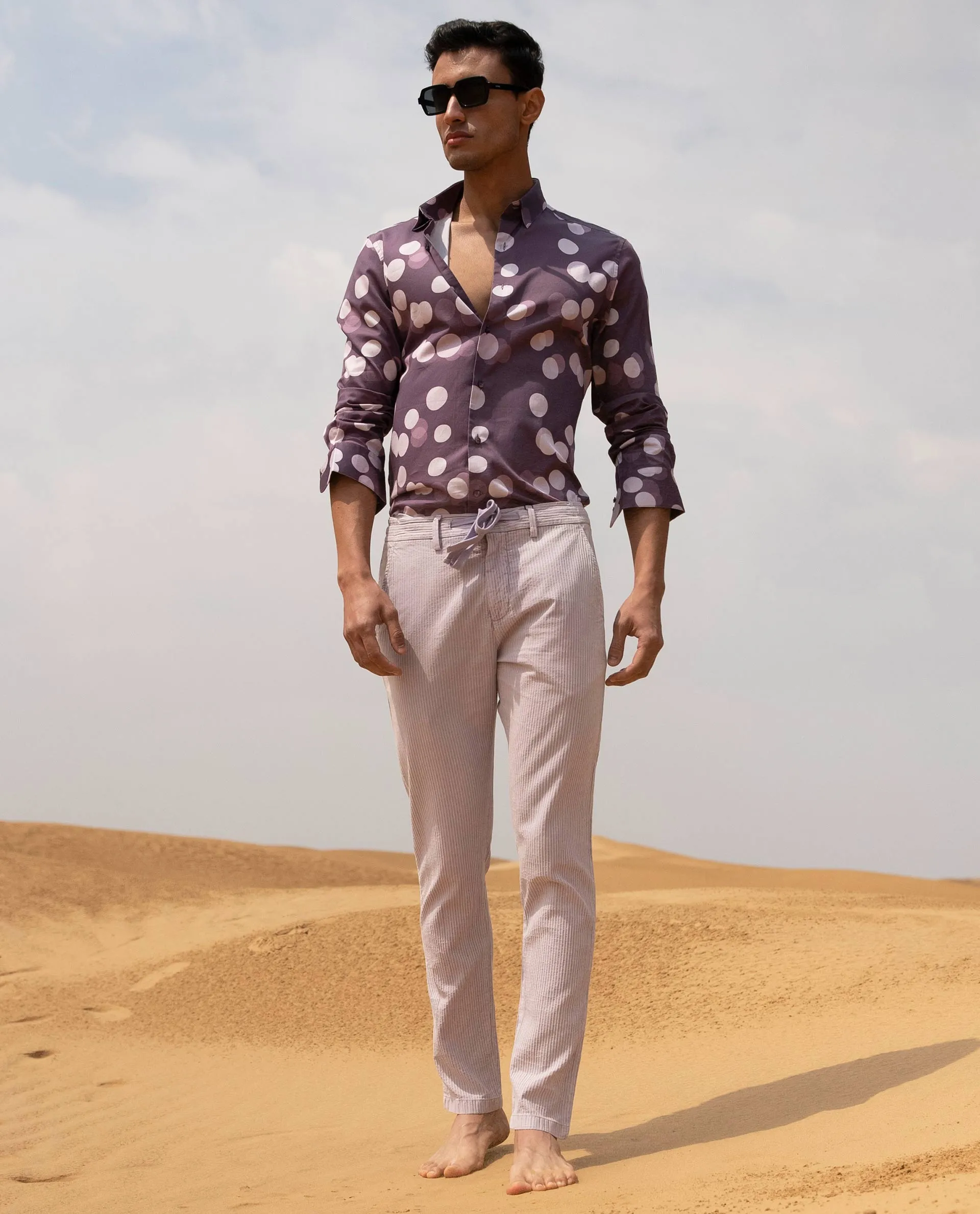 Rare Rabbit Men's Aux Light Purple Solid Mid-Rise Regular Fit With Drawstring And Elastic Waistband Trouser
