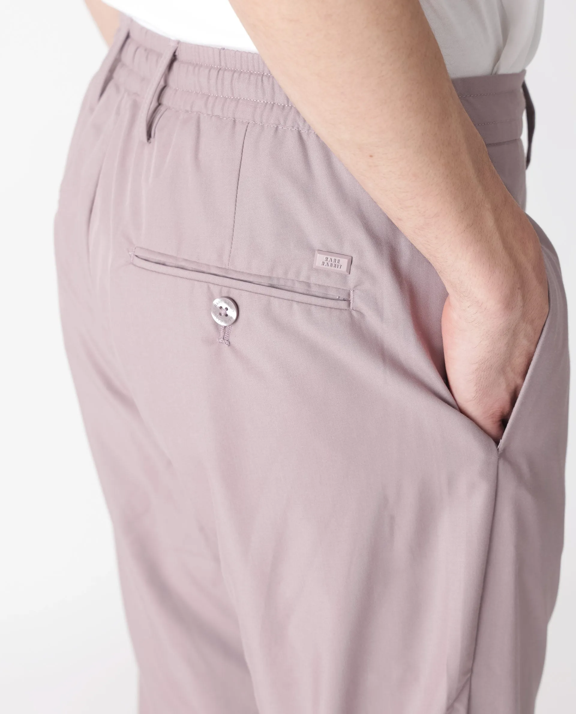 Rare Rabbit Men's Aux Light Purple Solid Mid-Rise Regular Fit With Drawstring And Elastic Waistband Trouser