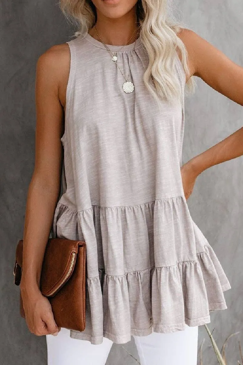 Round Neck Ruffled Hem Tops