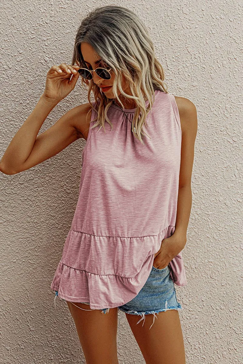 Round Neck Ruffled Hem Tops