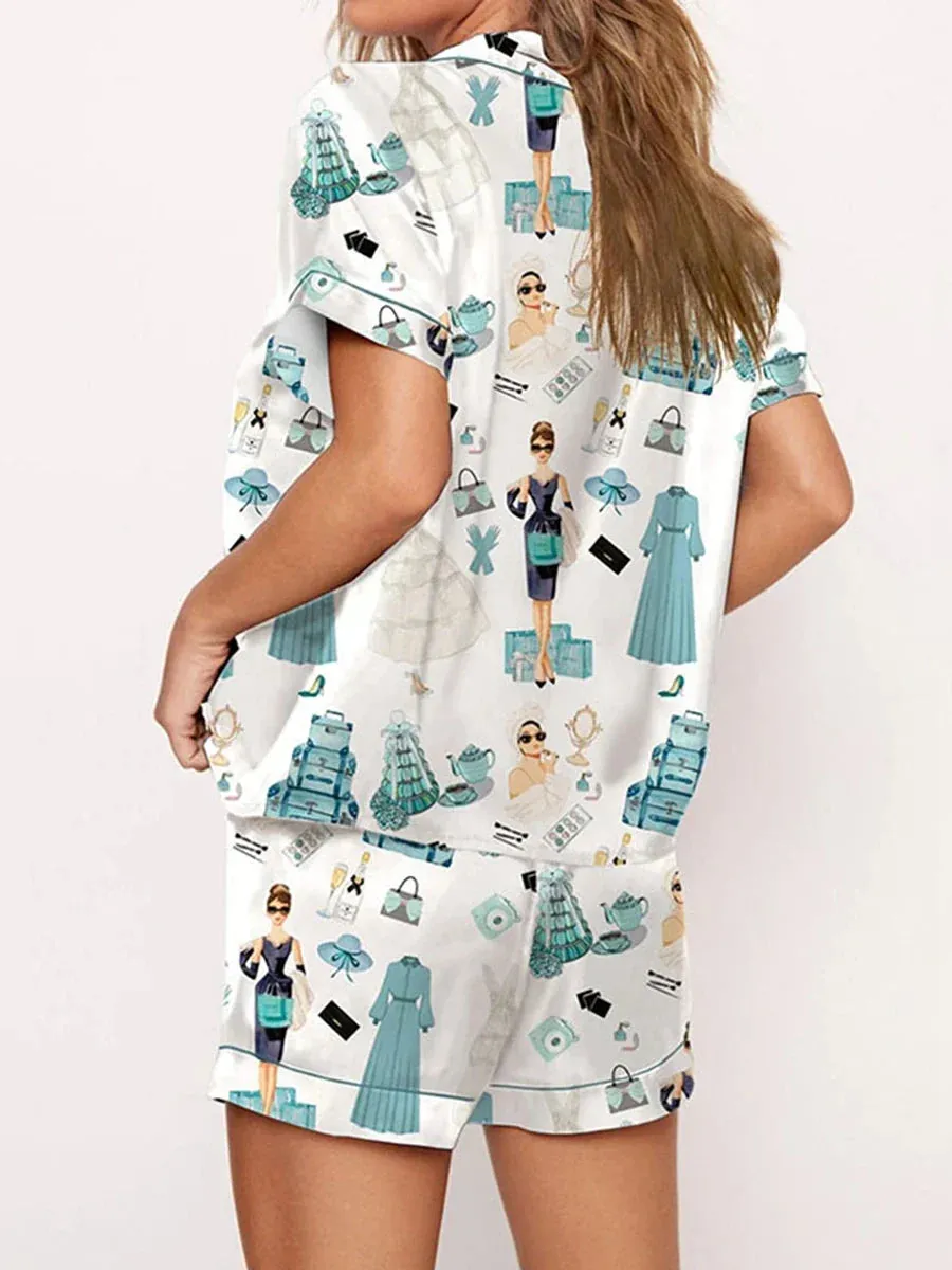 Satin Nightwear Women's Clothing Print Pajama Matching Set with Shorts & Shirts