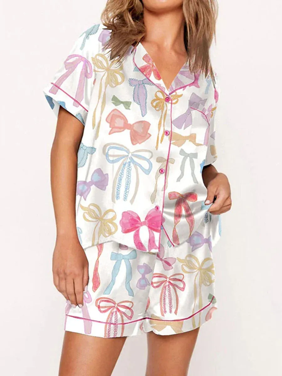 Satin Nightwear Women's Clothing Print Pajama Matching Set with Shorts & Shirts