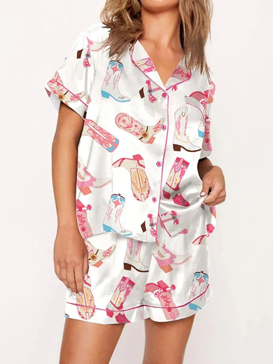 Satin Nightwear Women's Clothing Print Pajama Matching Set with Shorts & Shirts