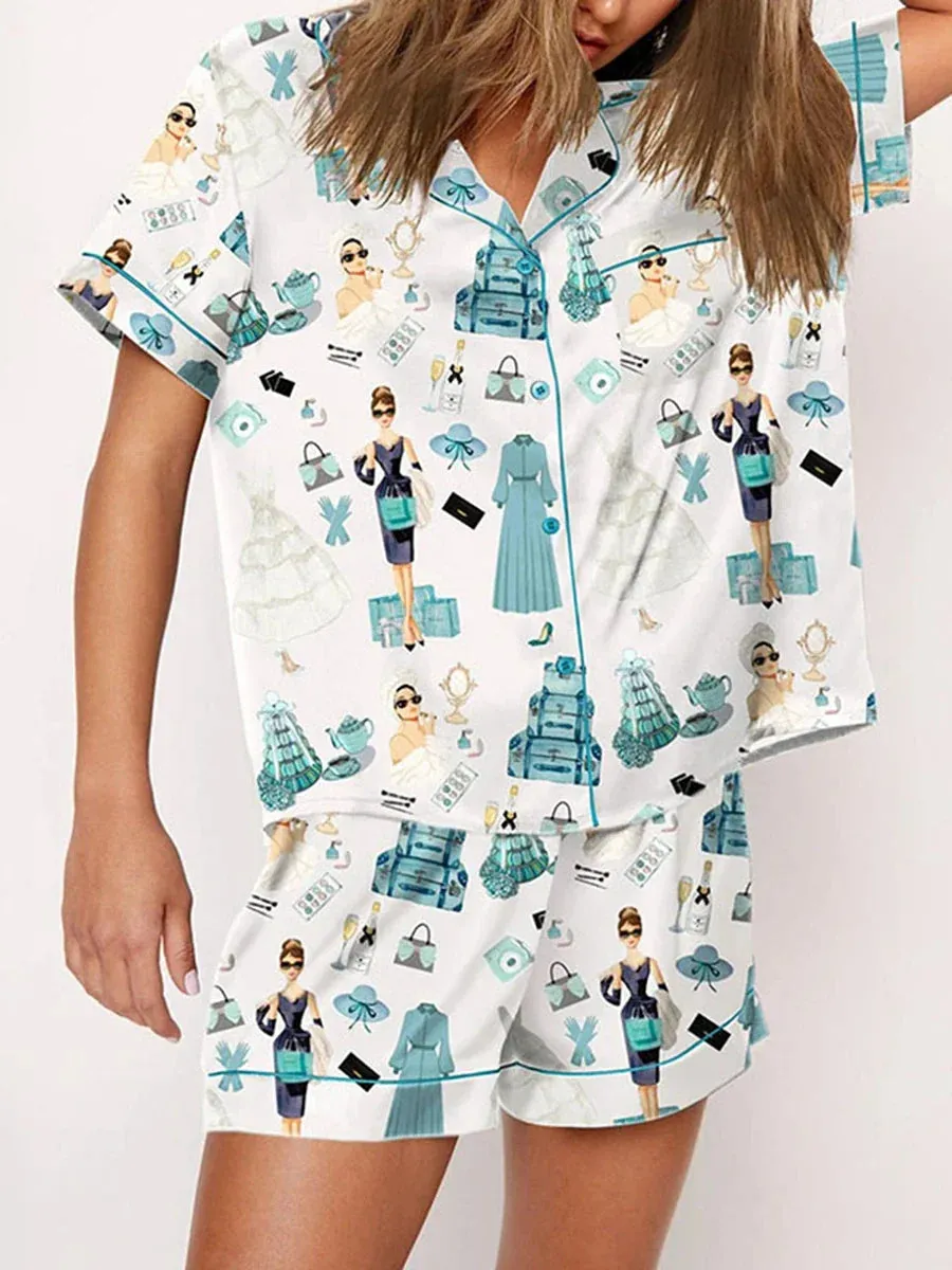 Satin Nightwear Women's Clothing Print Pajama Matching Set with Shorts & Shirts