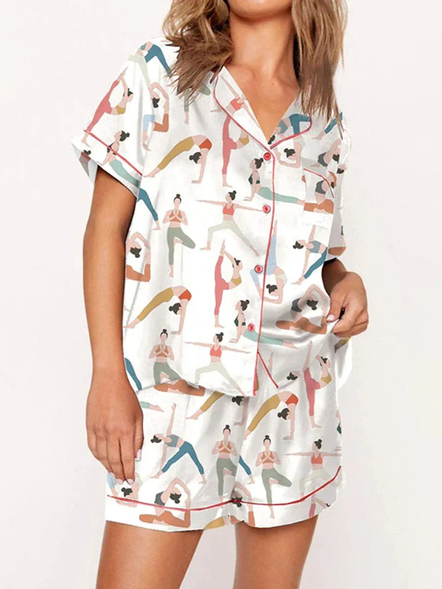 Satin Nightwear Women's Clothing Print Pajama Matching Set with Shorts & Shirts