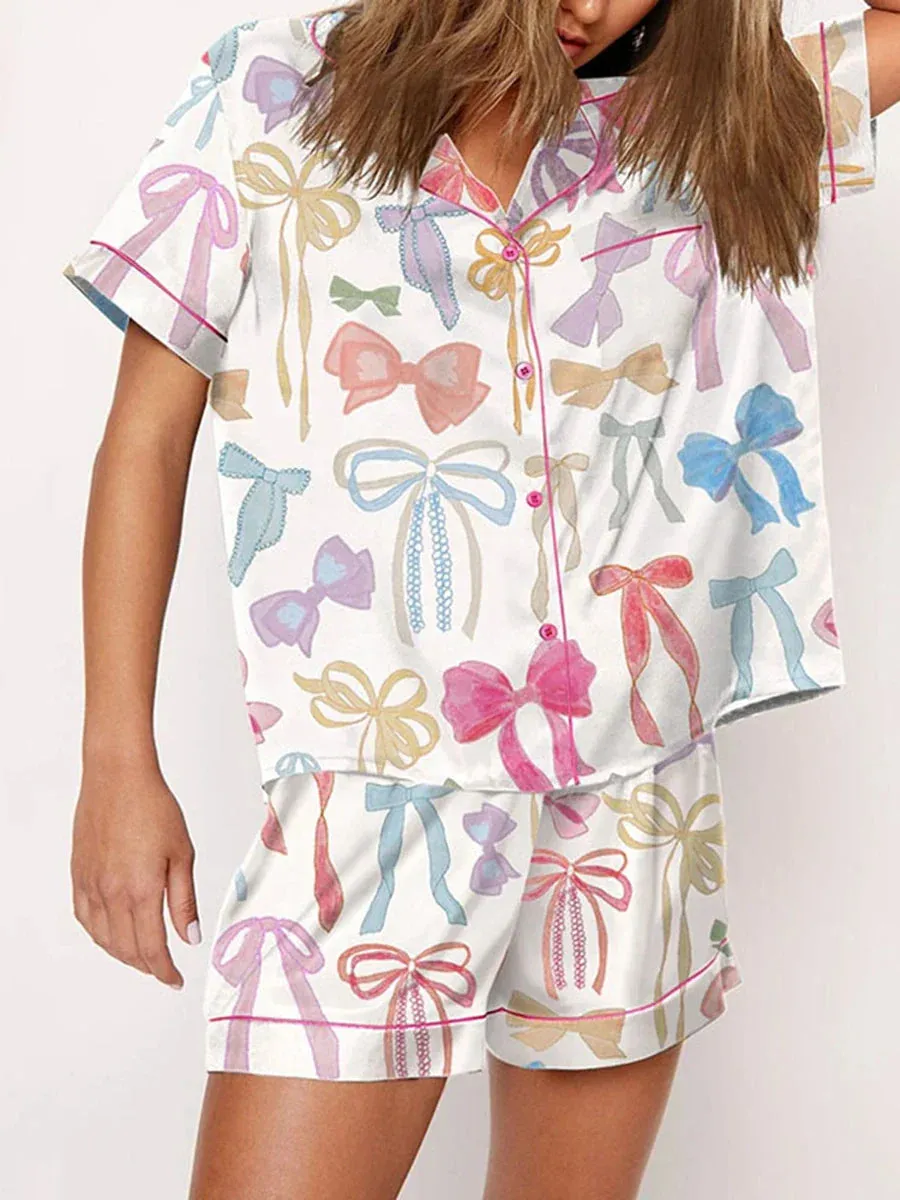 Satin Nightwear Women's Clothing Print Pajama Matching Set with Shorts & Shirts