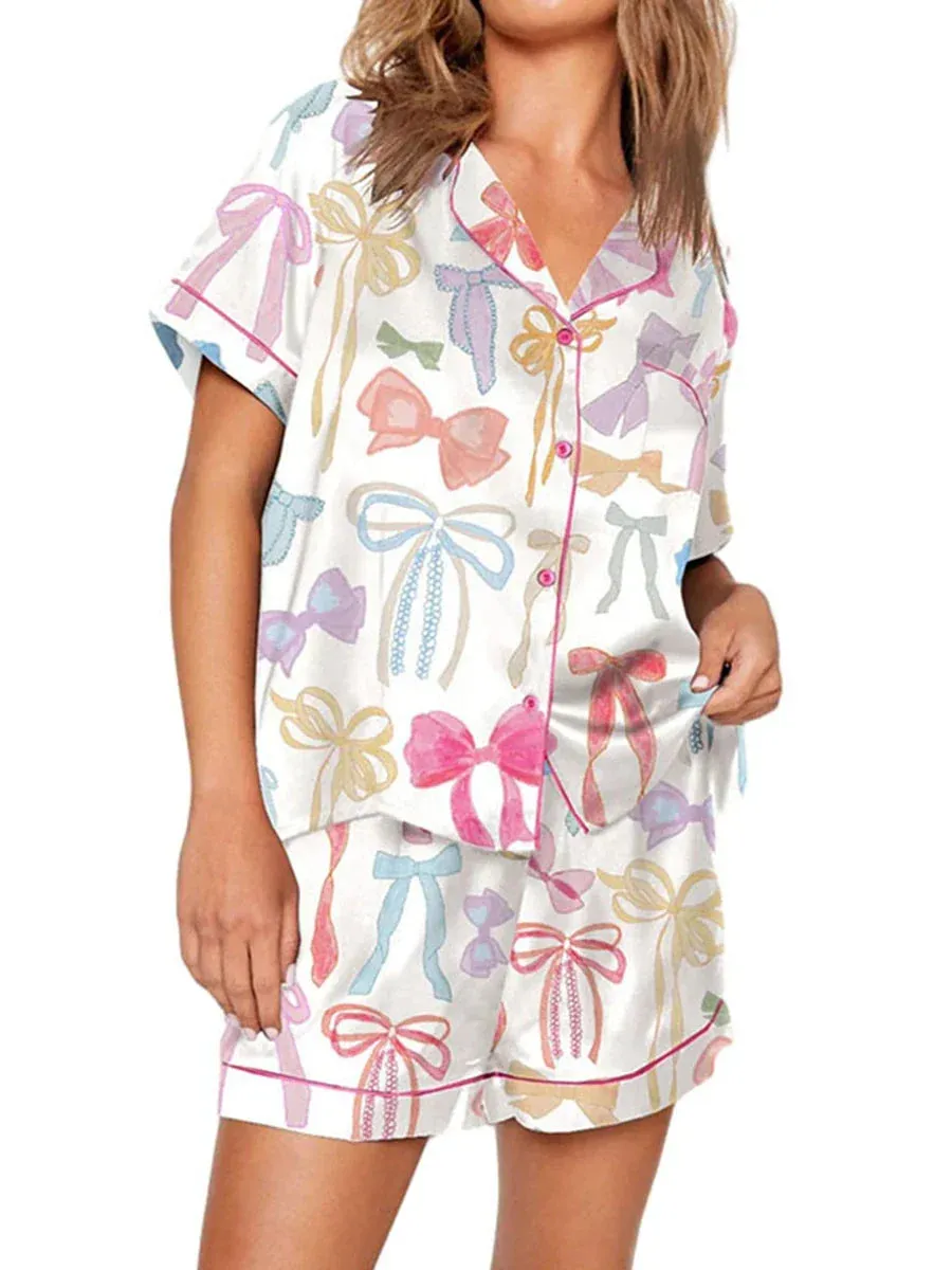 Satin Nightwear Women's Clothing Print Pajama Matching Set with Shorts & Shirts