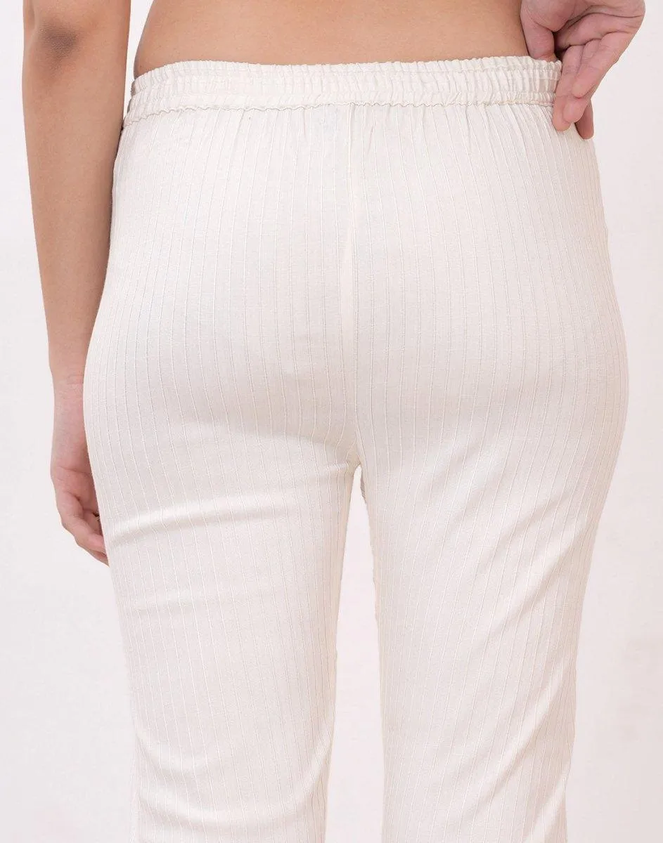 Satrangi Women's Off-White Viscose Ribbed Lycra Trouser
