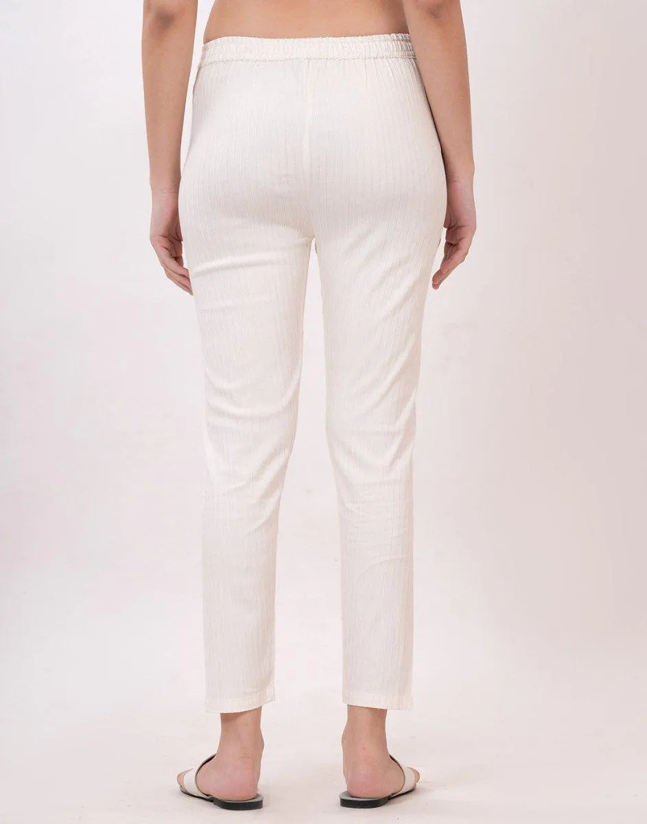 Satrangi Women's Off-White Viscose Ribbed Lycra Trouser