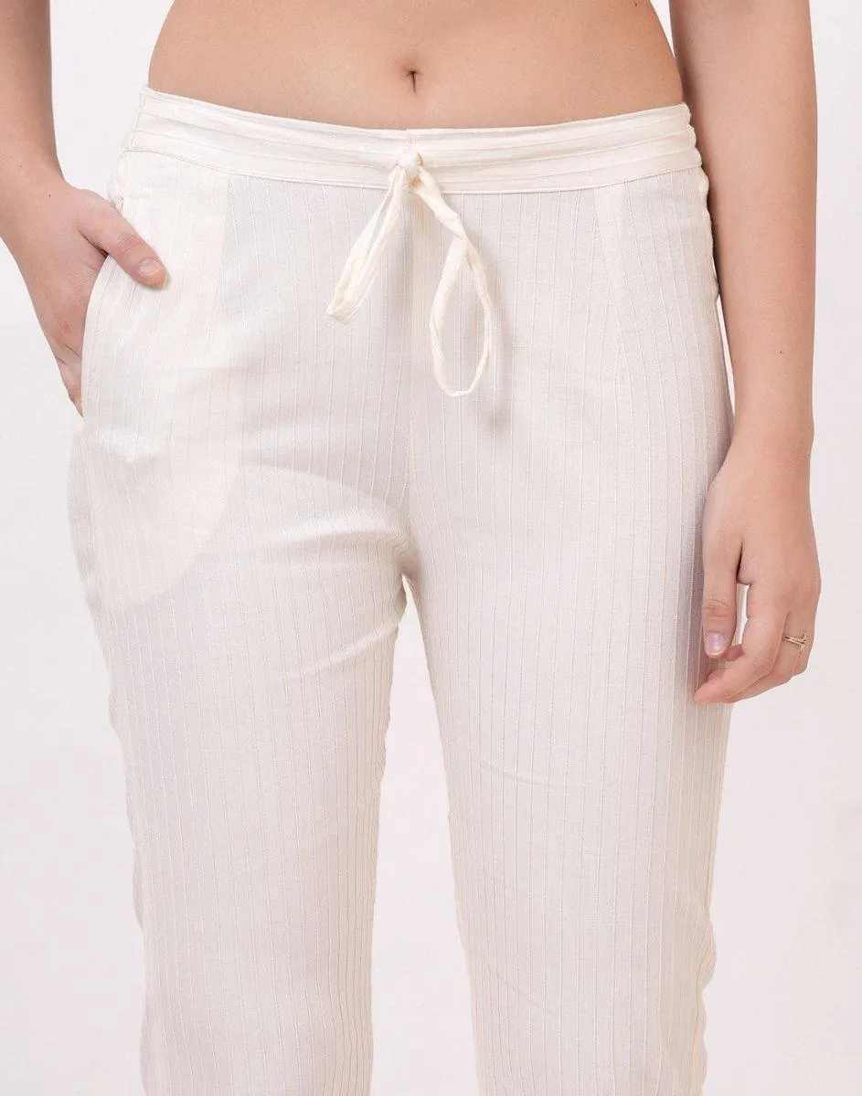 Satrangi Women's Off-White Viscose Ribbed Lycra Trouser