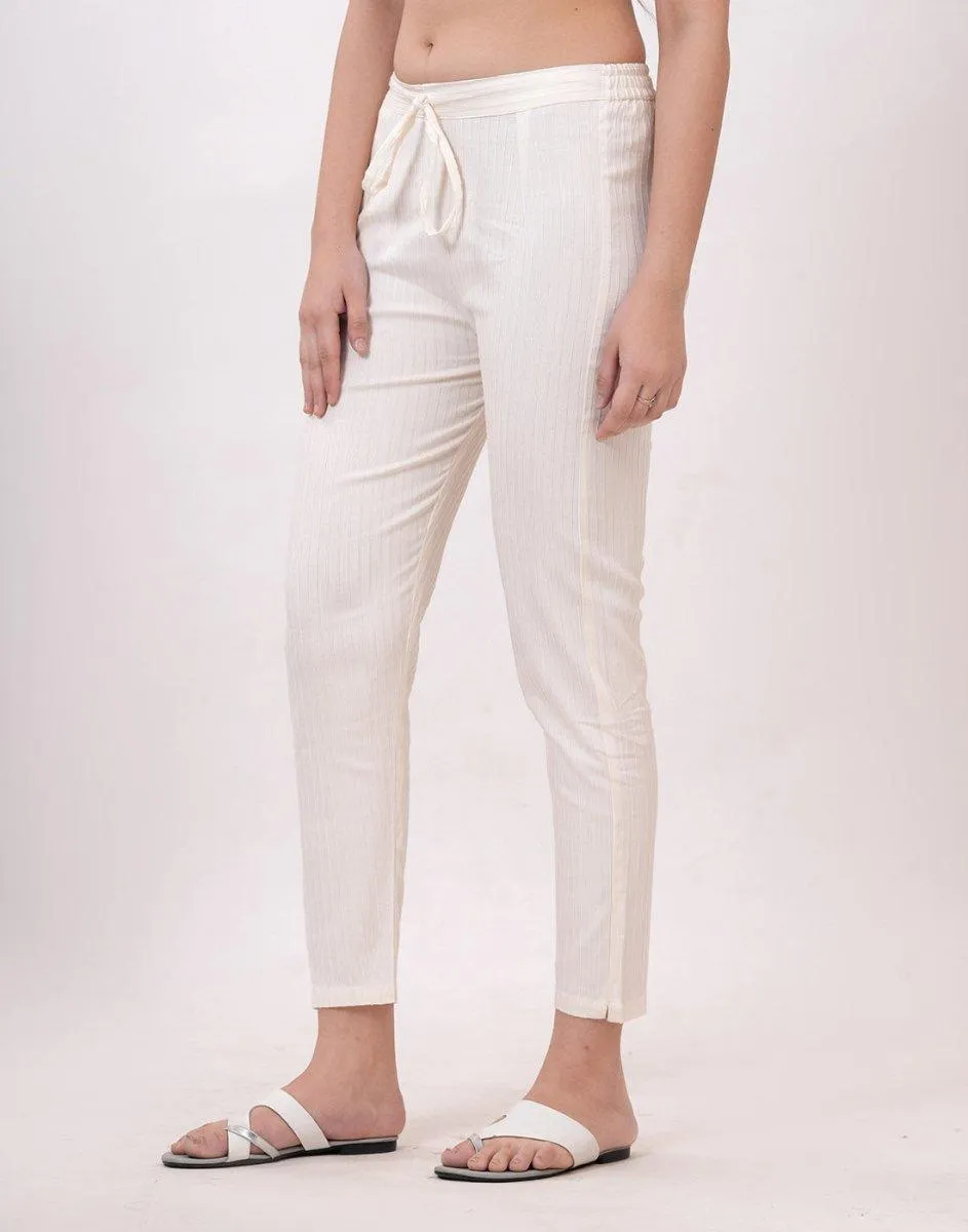 Satrangi Women's Off-White Viscose Ribbed Lycra Trouser