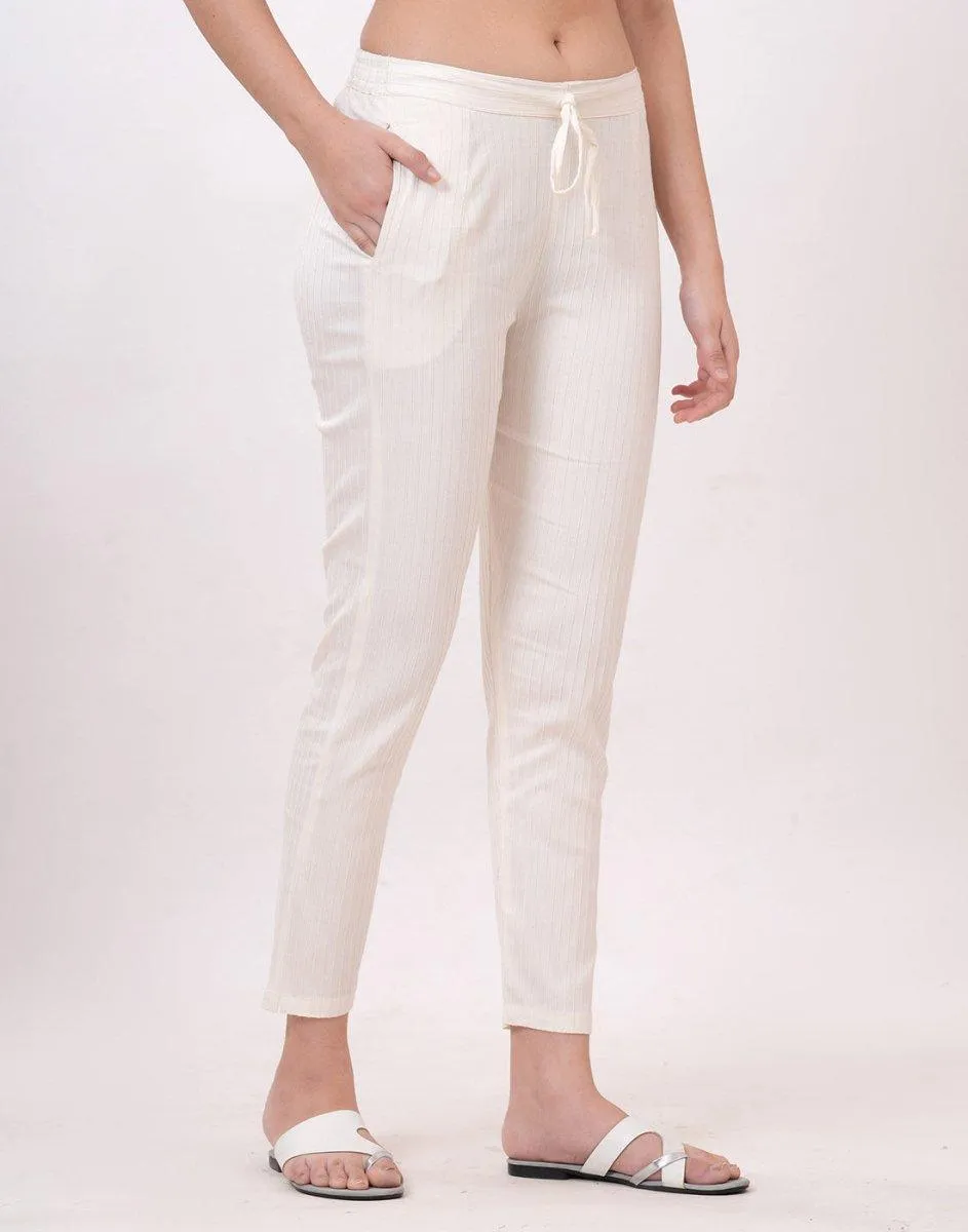 Satrangi Women's Off-White Viscose Ribbed Lycra Trouser
