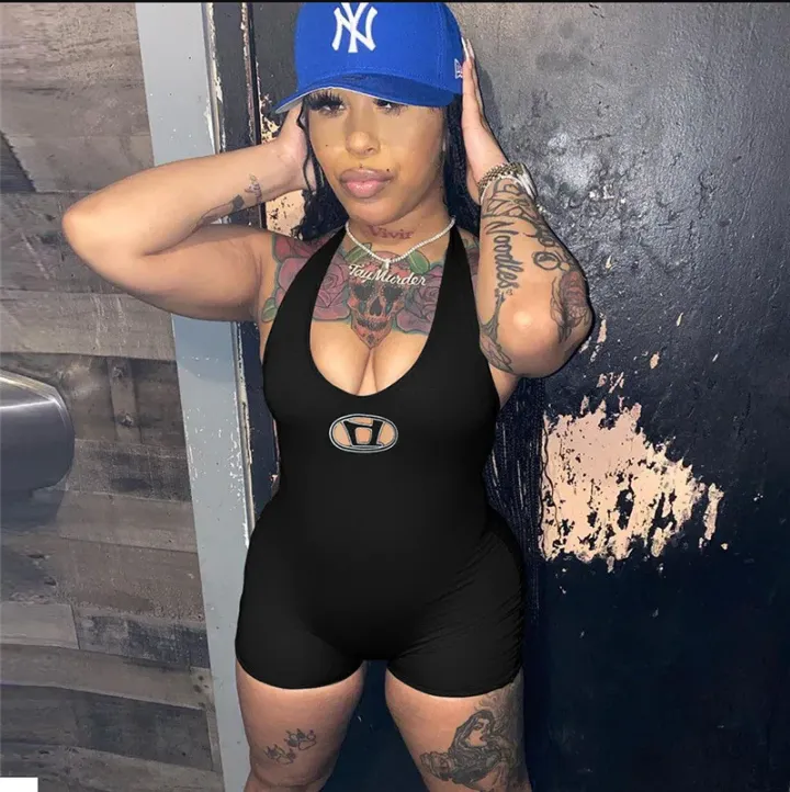 Sexy Low Cut Halter Print Rompers