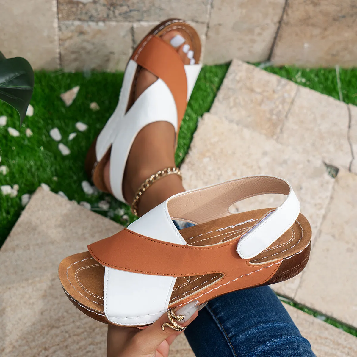 Summer Wedges Sandals with Color Block Cross-Strap Design