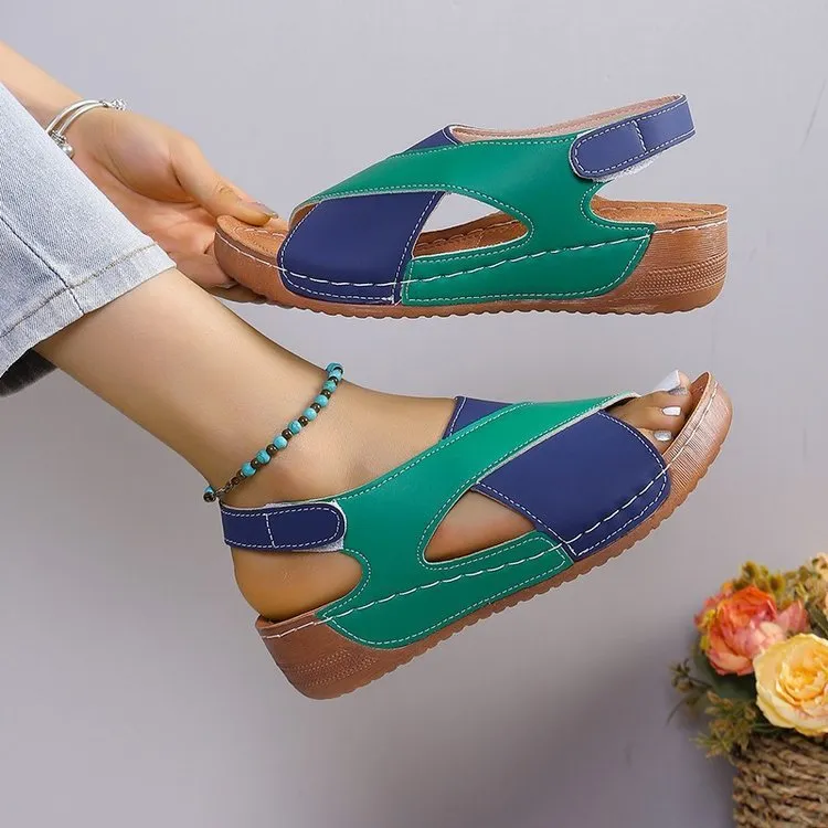 Summer Wedges Sandals with Color Block Cross-Strap Design