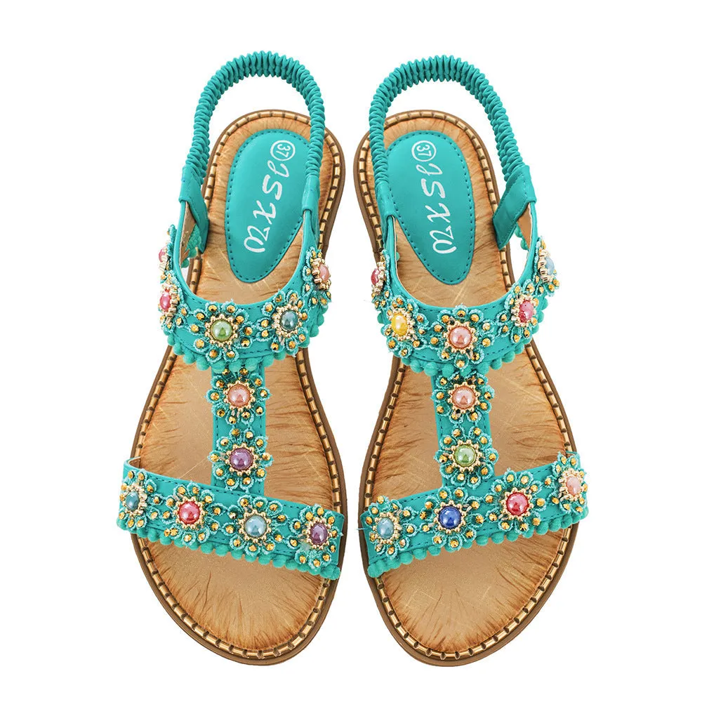 Vanccy Bohemian Colored Pearls Comfortable Flat Sandals