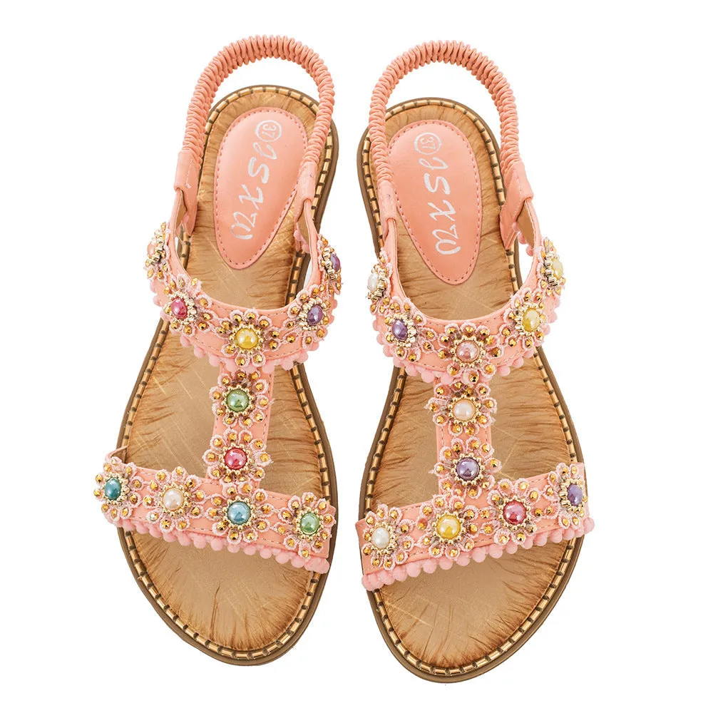 Vanccy Bohemian Colored Pearls Comfortable Flat Sandals