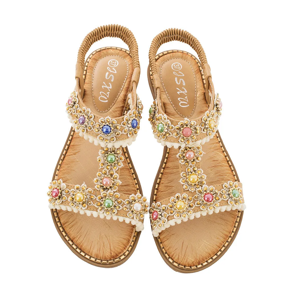 Vanccy Bohemian Colored Pearls Comfortable Flat Sandals