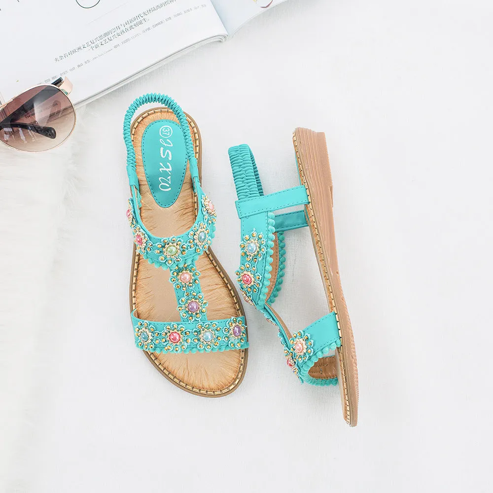 Vanccy Bohemian Colored Pearls Comfortable Flat Sandals