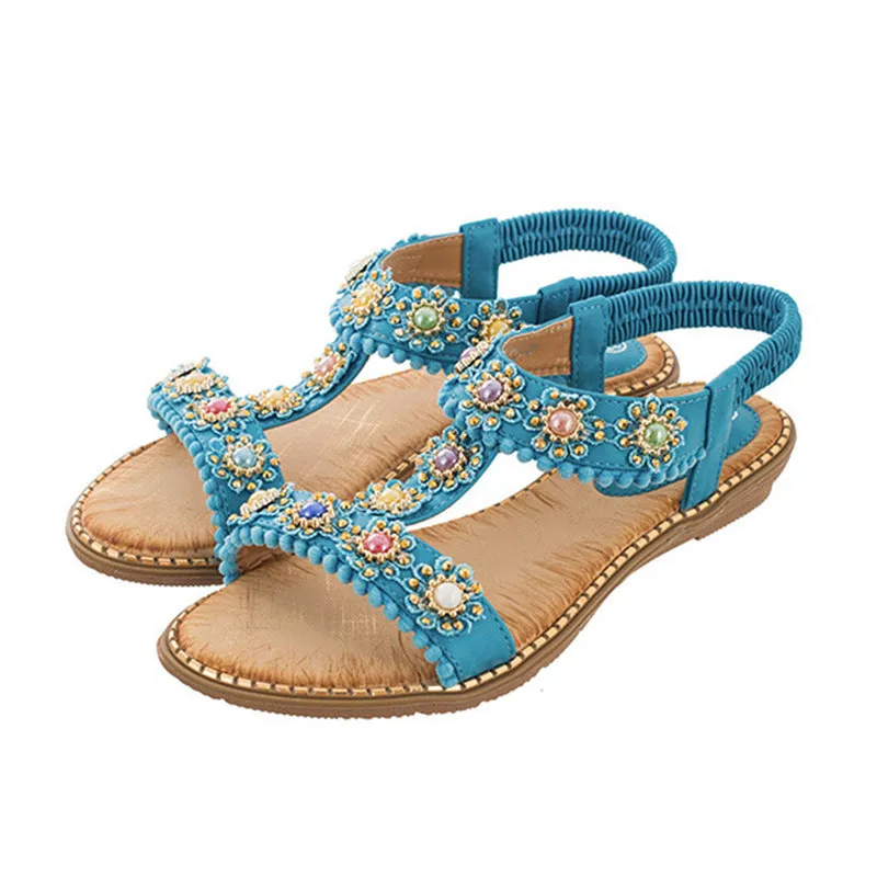 Vanccy Bohemian Colored Pearls Comfortable Flat Sandals