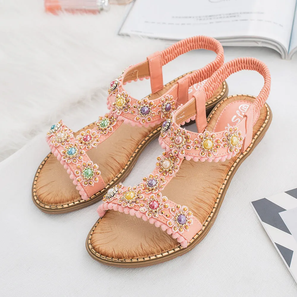 Vanccy Bohemian Colored Pearls Comfortable Flat Sandals