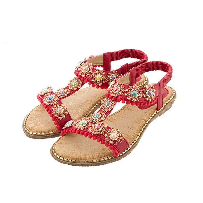 Vanccy Bohemian Colored Pearls Comfortable Flat Sandals