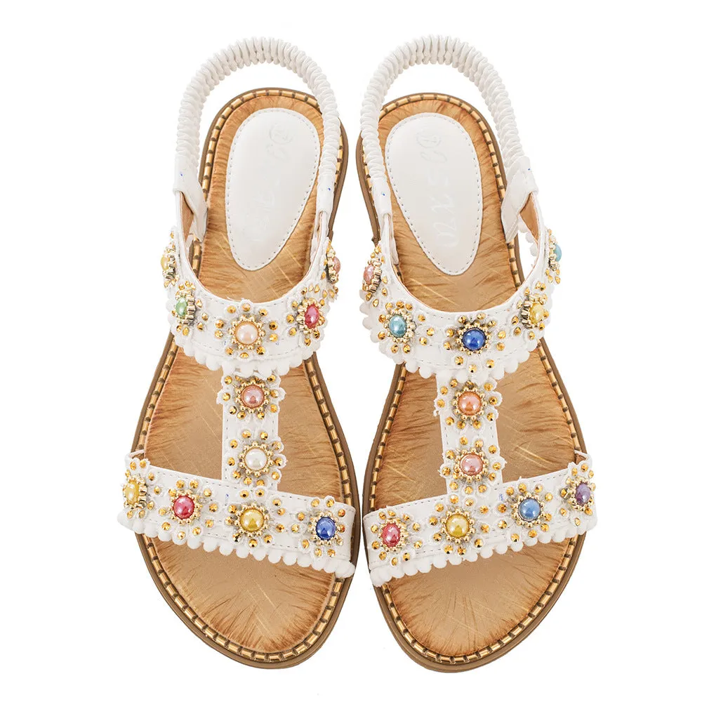 Vanccy Bohemian Colored Pearls Comfortable Flat Sandals