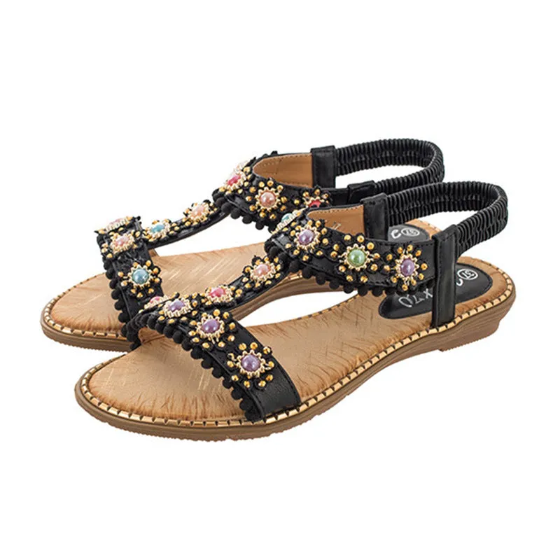 Vanccy Bohemian Colored Pearls Comfortable Flat Sandals