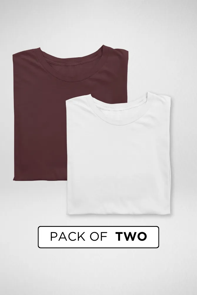 White and Maroon Plain T-shirts Combo for Men
