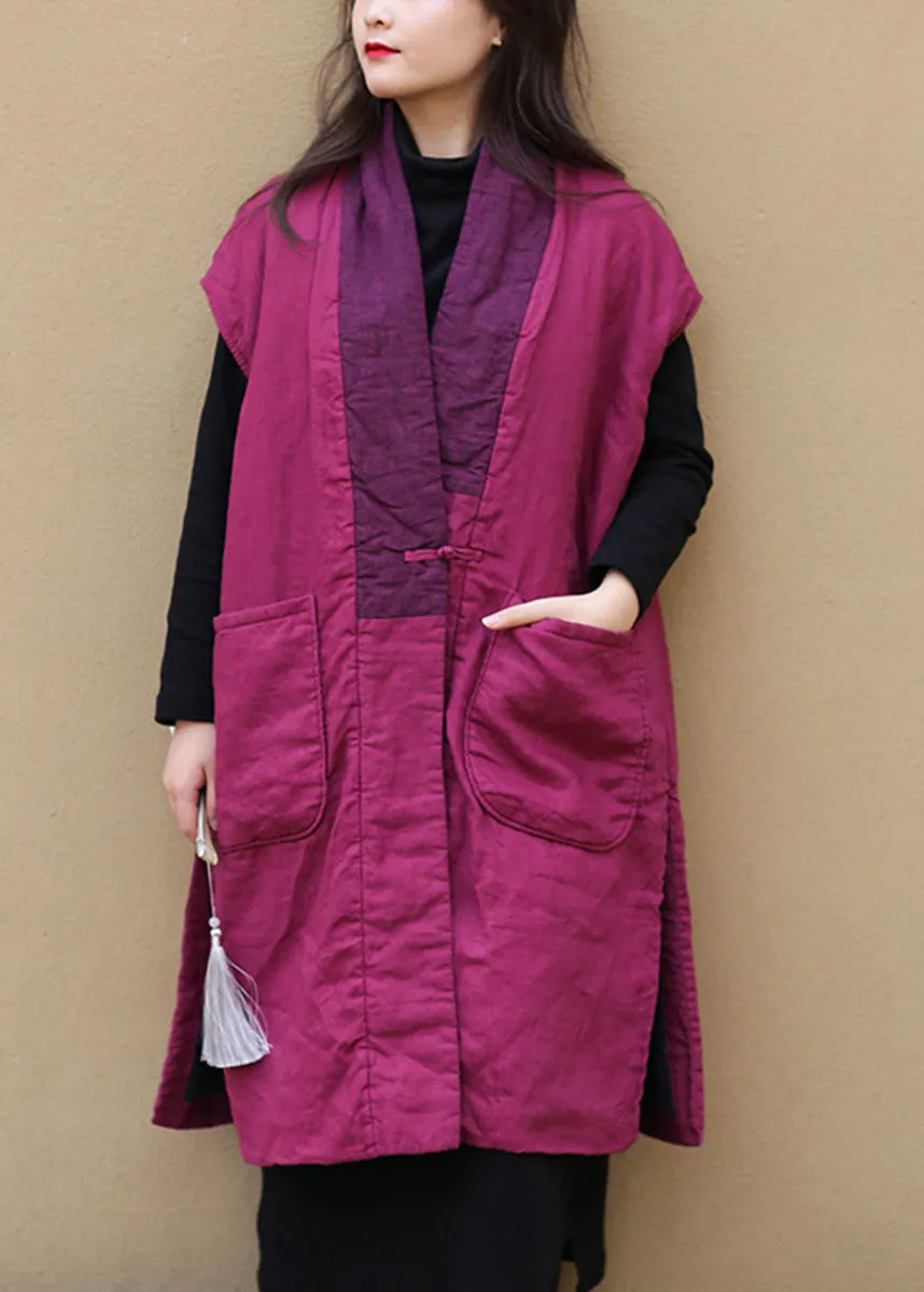 Women Red V Neck Warm Fleece Side Open Button Waistcoat Winter