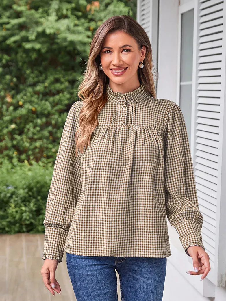 Women Stand Collar Pullover Tops Cotton Blouse