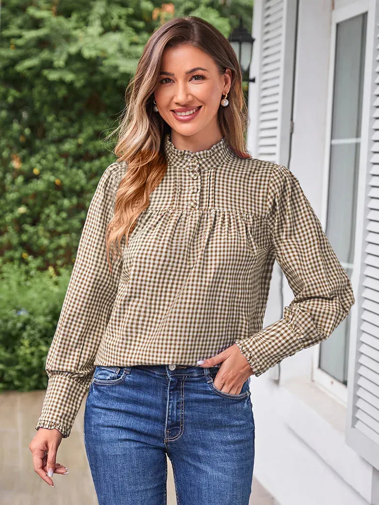 Women Stand Collar Pullover Tops Cotton Blouse