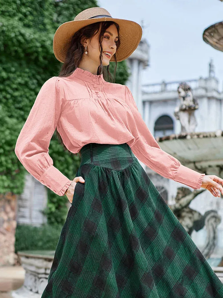 Women Stand Collar Pullover Tops Cotton Blouse