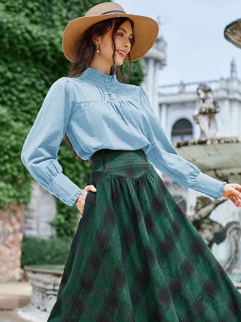 Women Stand Collar Pullover Tops Cotton Blouse