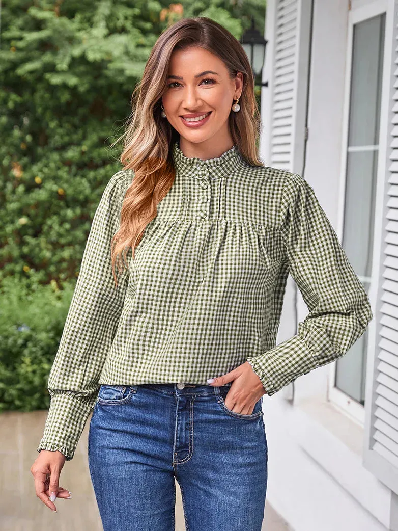 Women Stand Collar Pullover Tops Cotton Blouse