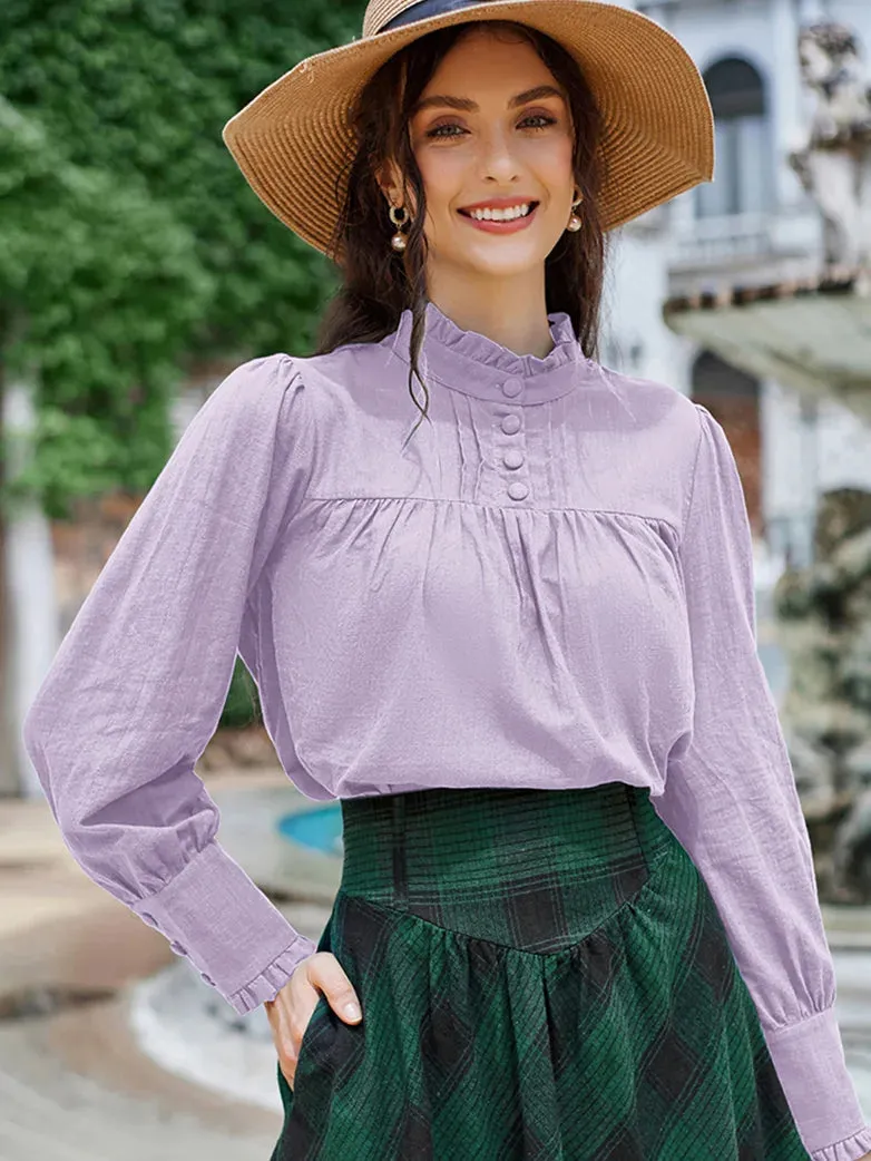Women Stand Collar Pullover Tops Cotton Blouse