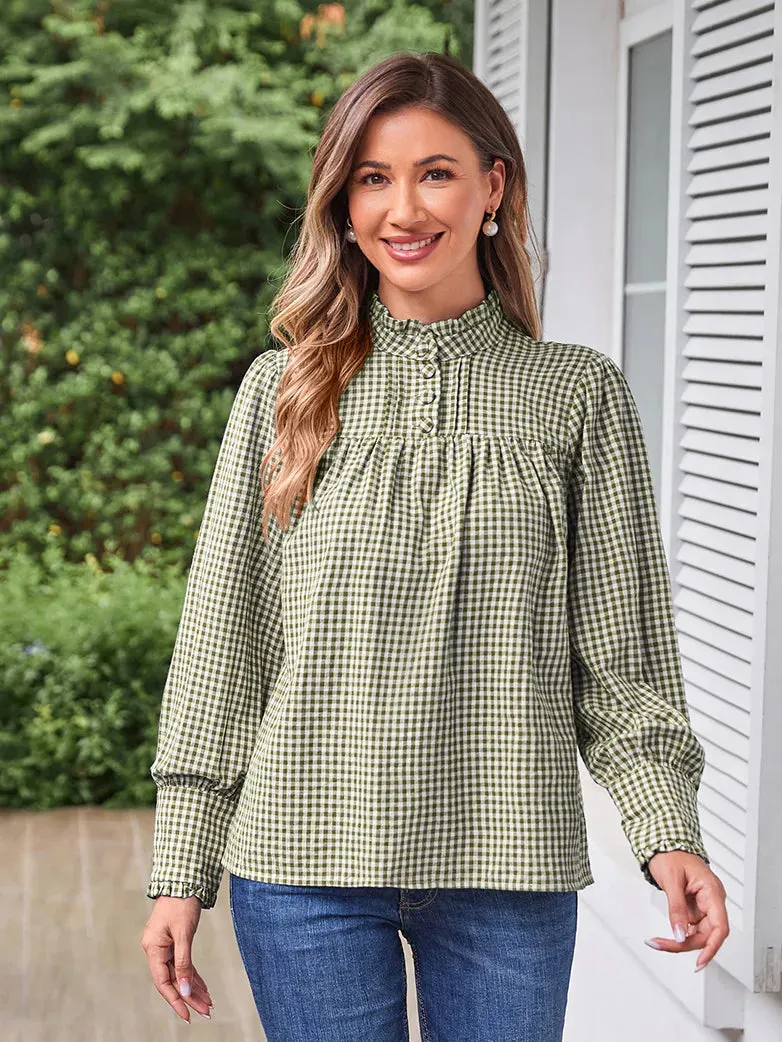 Women Stand Collar Pullover Tops Cotton Blouse