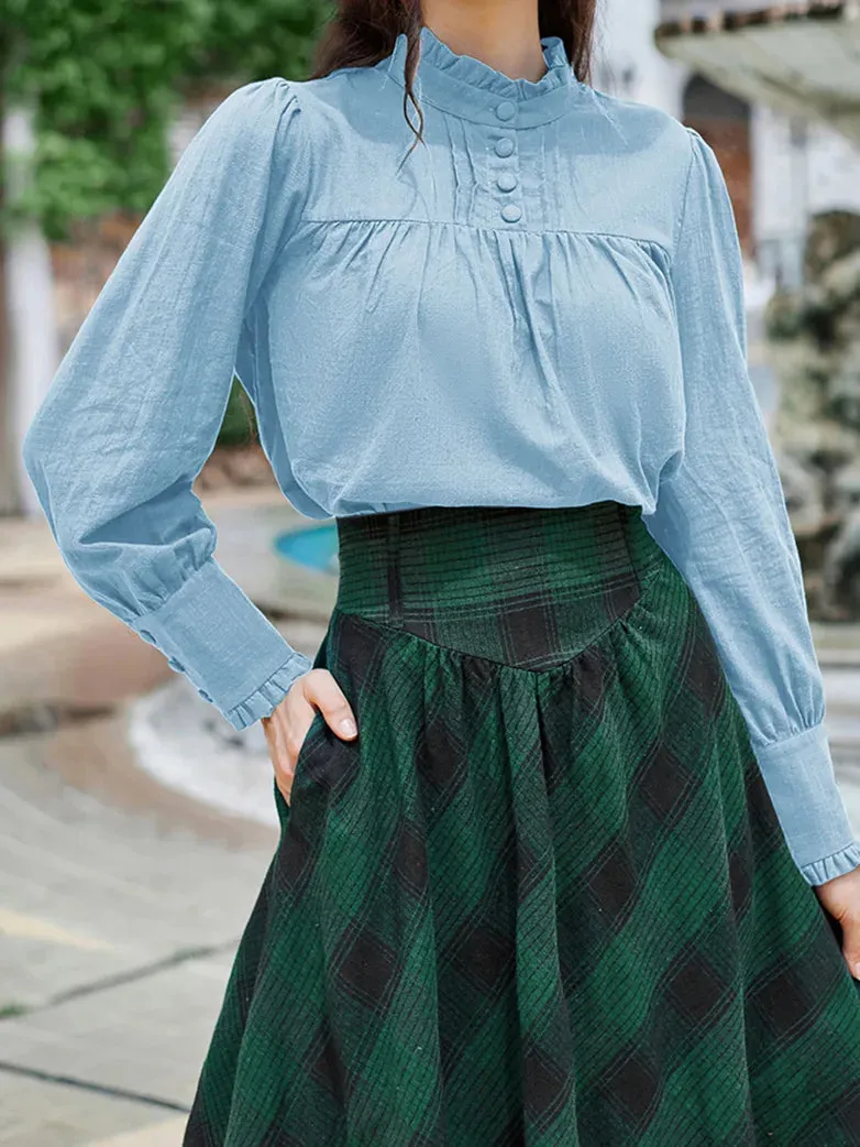 Women Stand Collar Pullover Tops Cotton Blouse