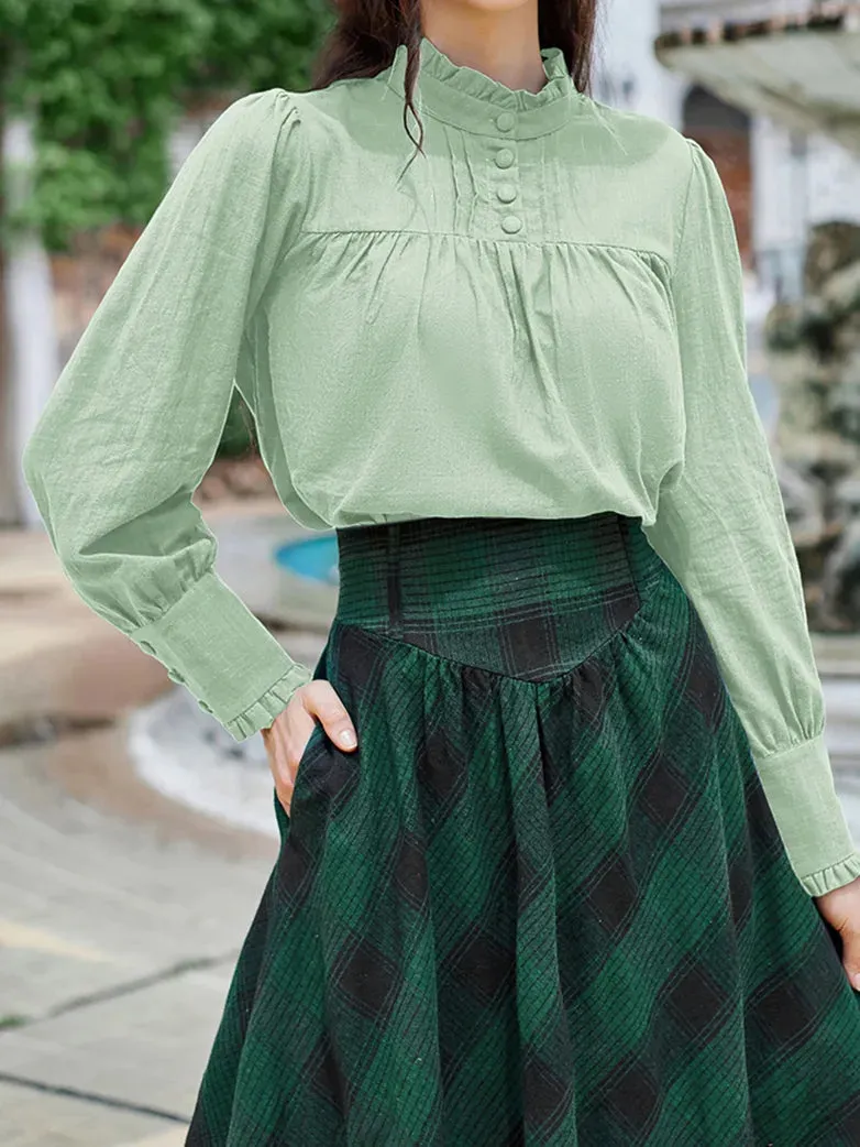 Women Stand Collar Pullover Tops Cotton Blouse