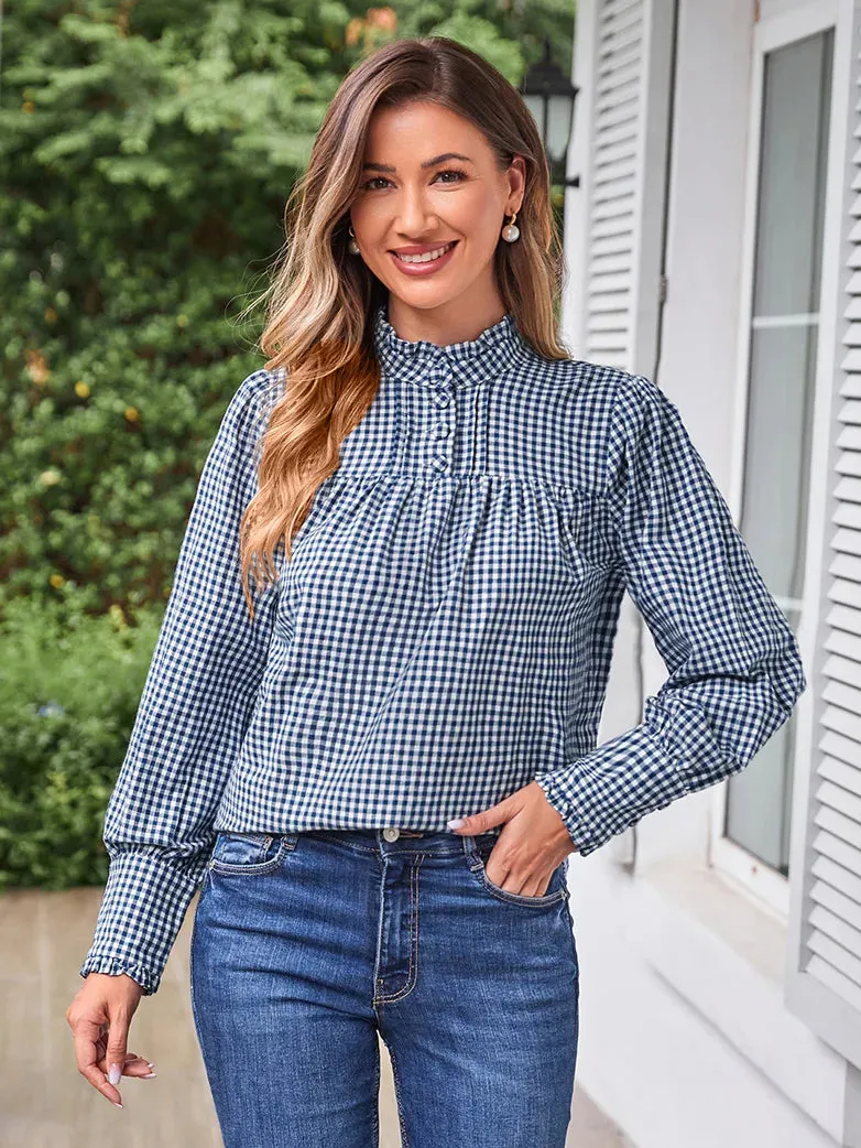 Women Stand Collar Pullover Tops Cotton Blouse