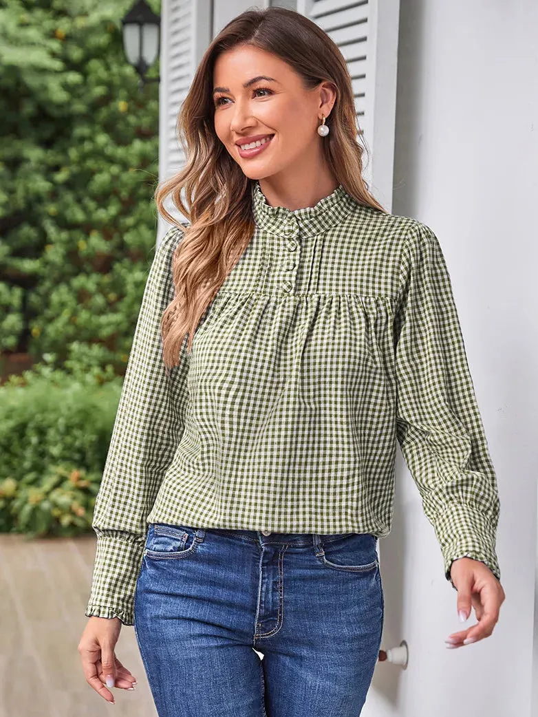 Women Stand Collar Pullover Tops Cotton Blouse