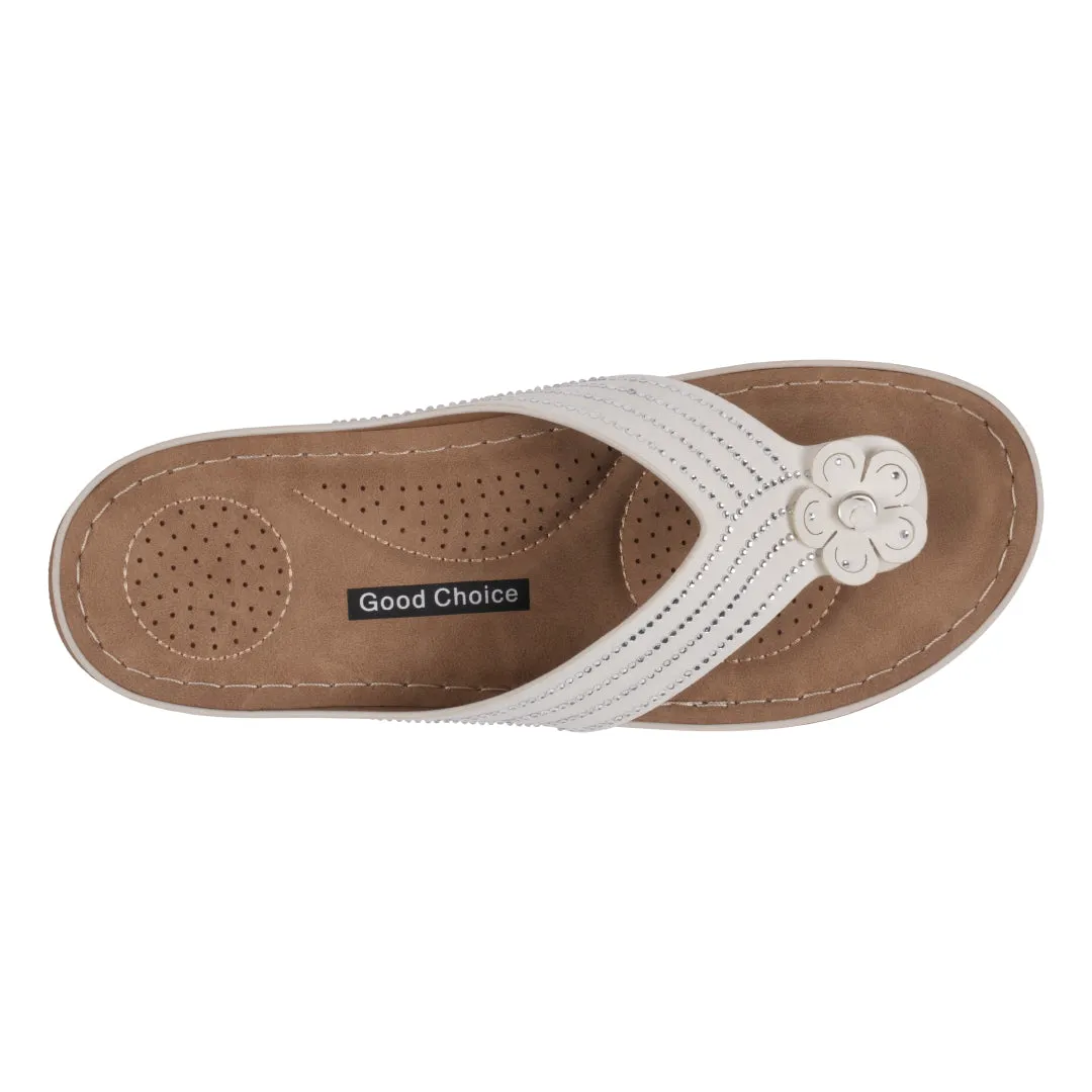 Women's Amari White Flower Thong Flat Comfort Sandals