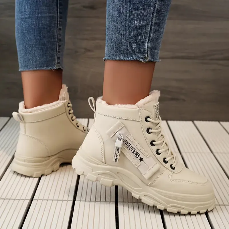 Women's High Top Shoes - Winter Plush Lined, Lace-up Sports Shoes
