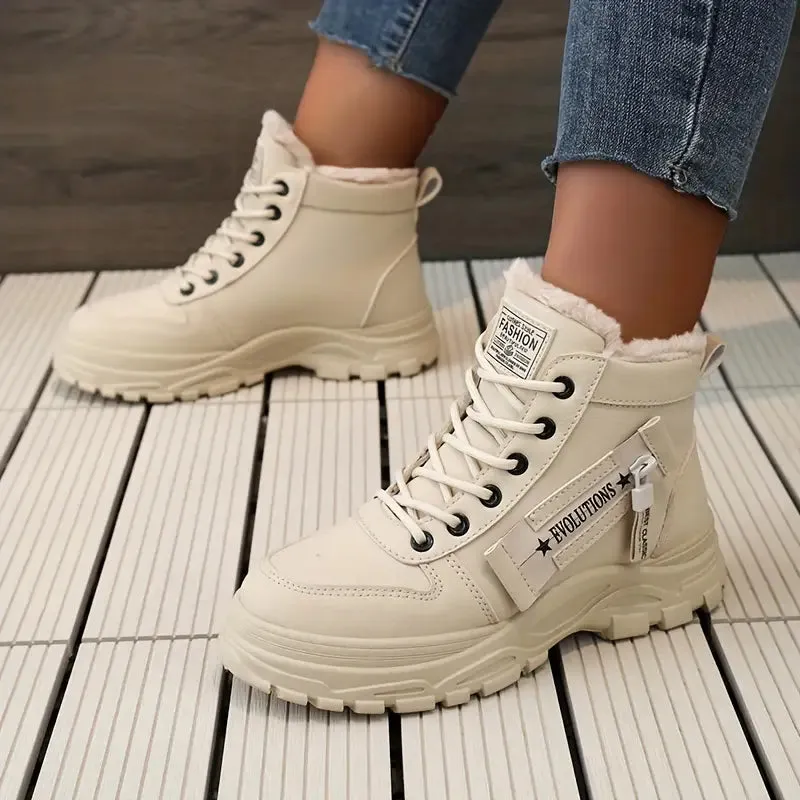 Women's High Top Shoes - Winter Plush Lined, Lace-up Sports Shoes